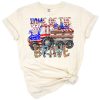 A whimsical pig stands before a waving American flag in a rustic farmhouse patriotic scene.