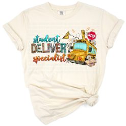 A retro yellow school bus with a playful student delivery specialist theme illustration.