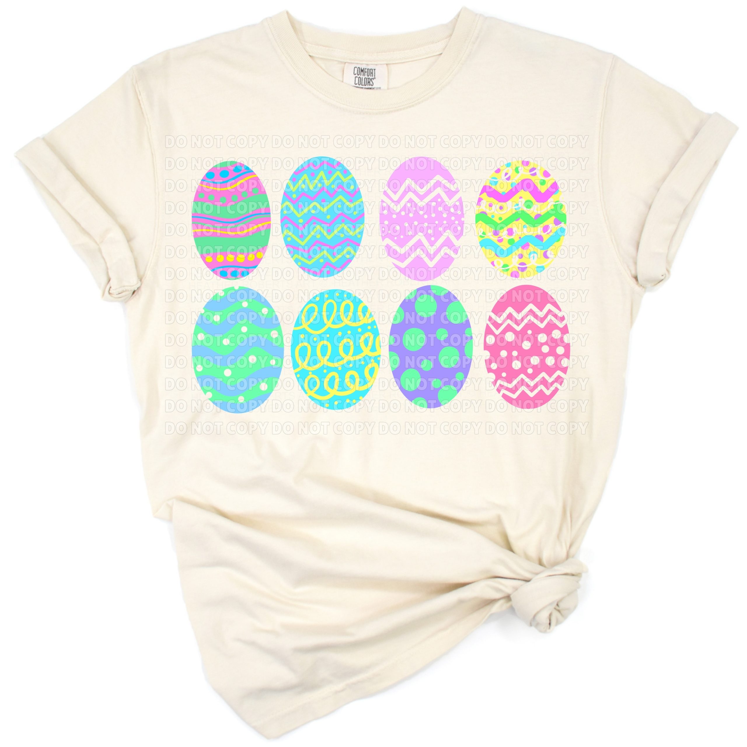 A collection of pastel Easter eggs with decorative patterns in a playful arrangement.