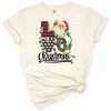 Santa Claus holding a heart in a festive Christmas themed design.