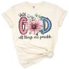 A large watercolor sunflower with the script phrase with God all things are possible in a modern font.