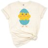 A cute hatched baby chick emerging from an eggshell with a cheerful spring theme.