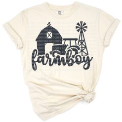 A rustic illustration of a farm boy with a tractor, barn, and windmill in a rural setting.