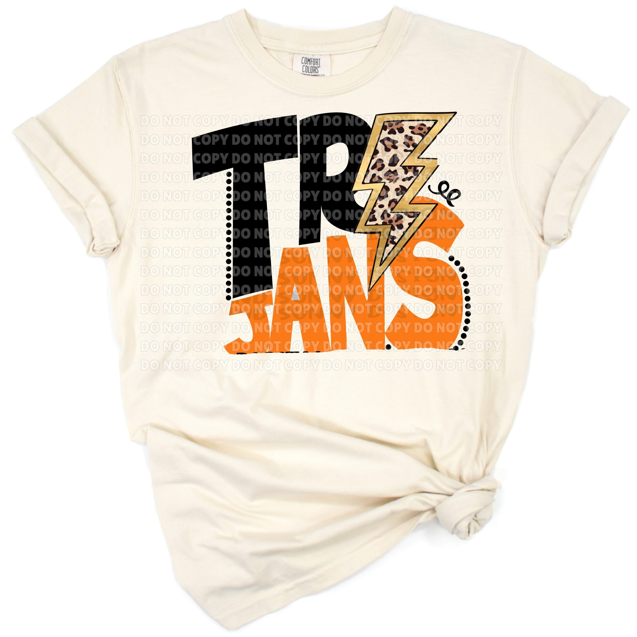 A bold lightning bolt with leopard print surrounded by school spirit themed accents.