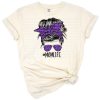 A cute mom life illustration with purple leopard print messy bun, sunglasses, and a hairband.