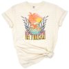 A retro groovy beach scene with vintage summer elements in bright, cheerful colors.