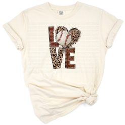 A heart-shaped baseball with a leopard print accent and the word love incorporated.
