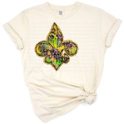 A colorful fleur de lis and crawfish design with Mardi Gras themed decorations.