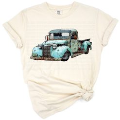 A vintage farm pickup truck in a retro western countryside style illustration.