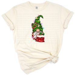 A hand drawn Christmas gnome holding a festive gift bag with holiday accents.