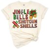 A retro grunge style holiday design with jingle bells, shotgun shells, and festive Christmas elements.
