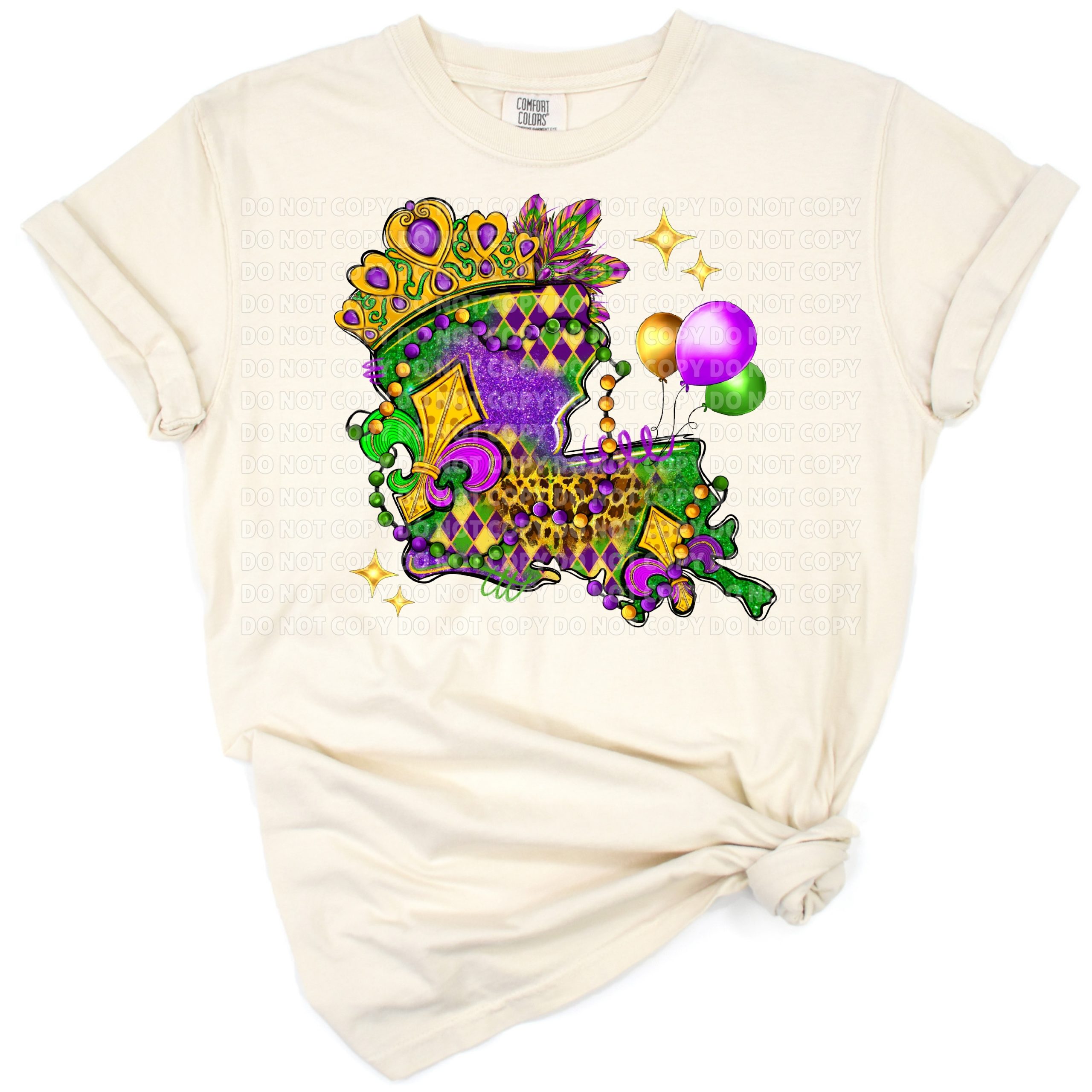 A colorful Louisiana map decorated with Mardi Gras beads and festive elements.
