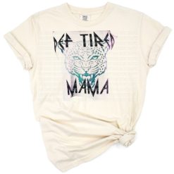 Distressed leopard patch with bold tired mama text in a grunge style.