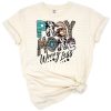 Western style artwork with Pray More Worry Less text, turquoise gemstones, and leopard print accents.