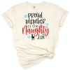 Whimsical Christmas design with festive red and green grunge text reading proud member of the naughty list.