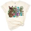 A western-themed happy Easter design with a bunny, decorated eggs, and playful spring elements.