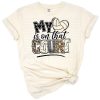 A colorful retro volleyball with leopard print accents and the phrase 'my heart is on that court' surrounded by playful text and motifs.