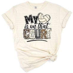 A colorful retro volleyball with leopard print accents and the phrase 'my heart is on that court' surrounded by playful text and motifs.