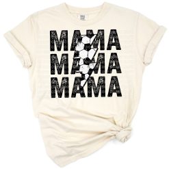 Stacked soccer mama text with distressed effect and a bold lightning bolt graphic.