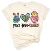 Watercolor design featuring peace sign, heart, and bunny with glitter accents for Easter.