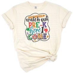 Colorful watch out pre-k here I come school design with playful lettering and childlike elements