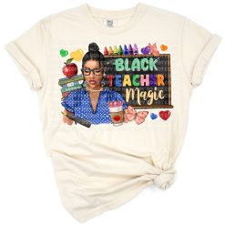 Stylish afro American woman teacher illustration with magical retro accents.