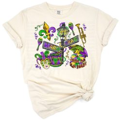 A festive Mardi Gras design featuring colorful text and decorative carnival mask graphics.