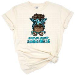 Stylish black woman with an afro and messy bun wearing a teal ribbon for cancer awareness.