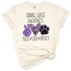 A purple ribbon with peace, love, and animal protection symbols in a grunge style.