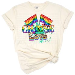 A bold rainbow-colored 'Choose Love' word art design with hearts, symbolizing inclusion and pride.
