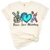 Peace, love, and phlebotomy symbols with a medical-inspired theme in a cheerful style.