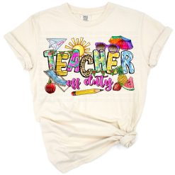 Retro style text reading 'Teacher Off Duty' with colorful summer elements and playful graphics.