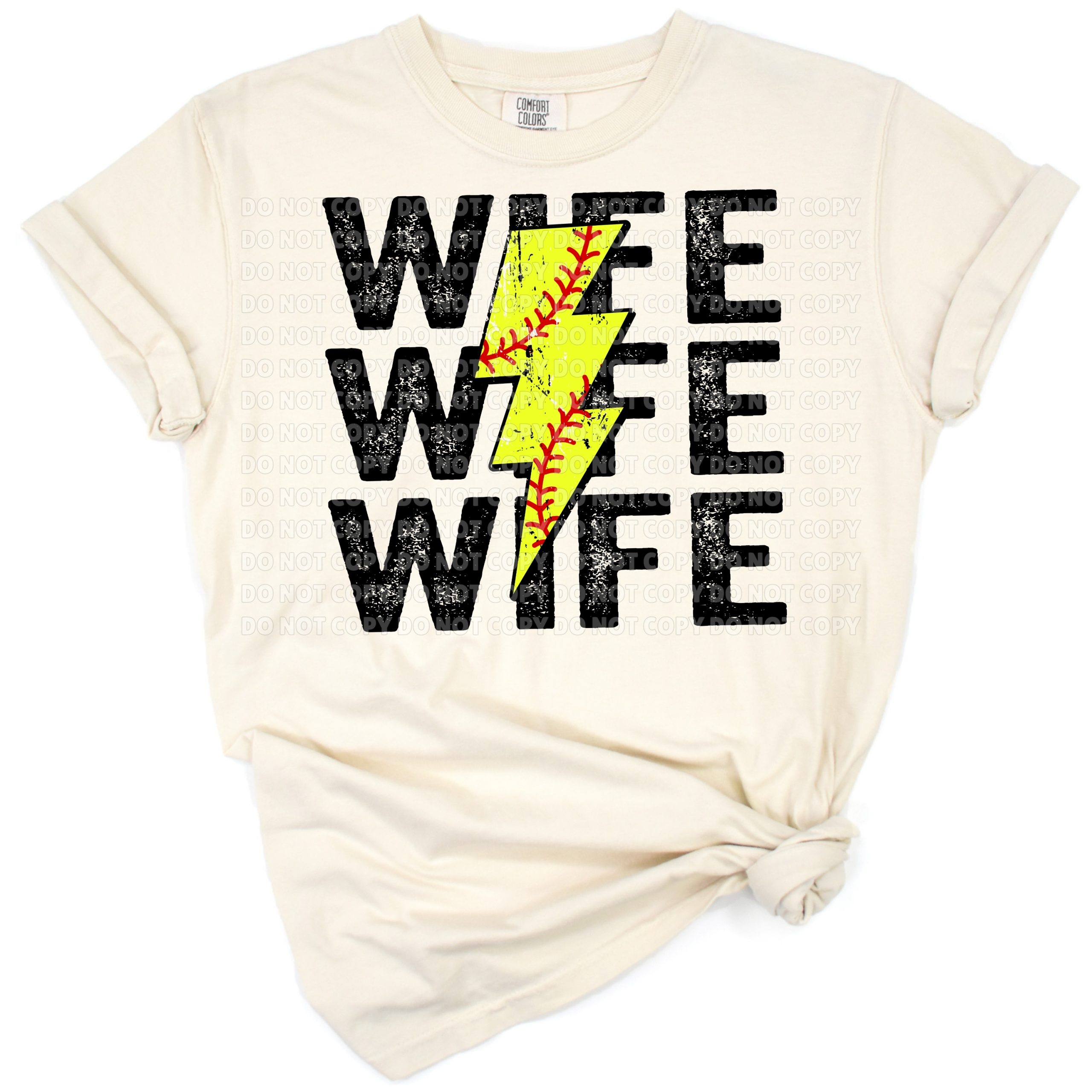 A distressed stacked Softball Wife text with a jagged lightning bolt, in grunge style.