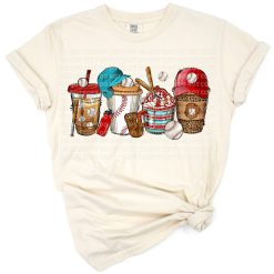 A group of coffee cups with baseball elements and playful sporty decorations.