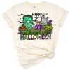 A cheerful ghost with a pumpkin and spooky elements for Halloween.