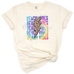 Stacked beach vibes letters with leopard print tie dye bolt and colorful summer accents.