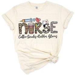 Playful illustration of a nurse holding coffee with text Coffee Scrubs and Rubber Gloves.