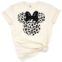 A cute cartoon mouse character with a stylish leopard print bow and accents.