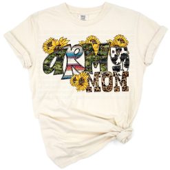 A sunflower and camouflage pattern combined with western style elements and the phrase Army Mom.