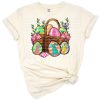 A festive Easter basket filled with colorful patterned eggs and spring accents.