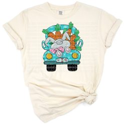 Hand drawn illustration of a cute bunny sitting in the back of an Easter truck with playful doodle style.