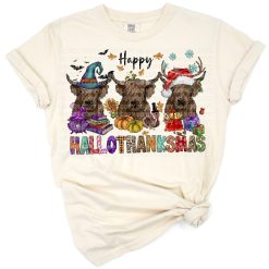 A Highland cow decorated with festive Halloween, Thanksgiving, and Christmas accessories in a Western style.