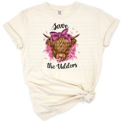 A funny pink cow wearing a bandana with a pink breast cancer ribbon accent.