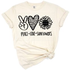 Artwork features a retro peace sign, heart, and sunflower illustration in spring colors.