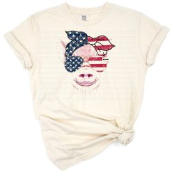 A cute pig illustrated with an American flag theme for Fourth of July.