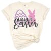A cheerful pastel Easter bunny surrounded by decorated eggs and spring accents.