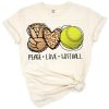 A boho style peace sign, heart, and bright yellow softball graphic in retro colors.