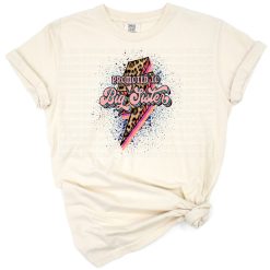 Retro girl with pink leopard print and lightning bolt in a playful design.