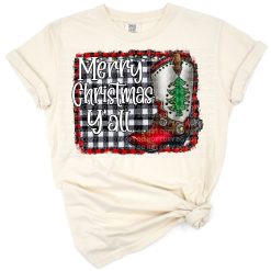 Western Christmas design with cowboy boots, Santa hat, and rustic holiday elements.