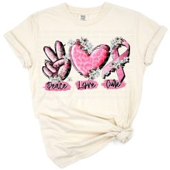 Three icons of peace sign, heart, and pink ribbon symbolizing breast cancer awareness.